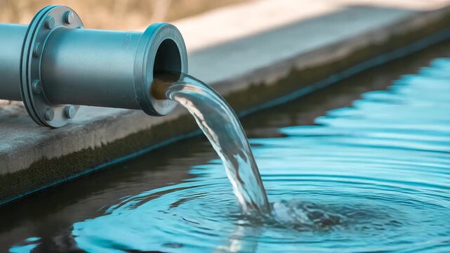 Industrial pipe discharging clear water into a pool creating ripples and waves clean water resource management environmental sustainability concept