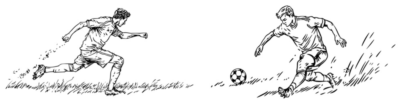 Dynamic hand drawn doodle of a soccer player running and kicking the ball on the grass
