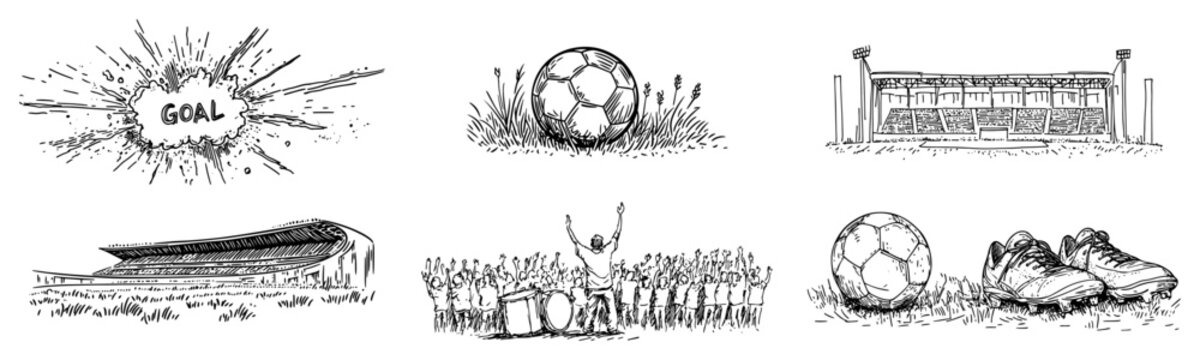 Set of hand drawn soccer icons featuring stadium fans ball and cleats in a doodle style