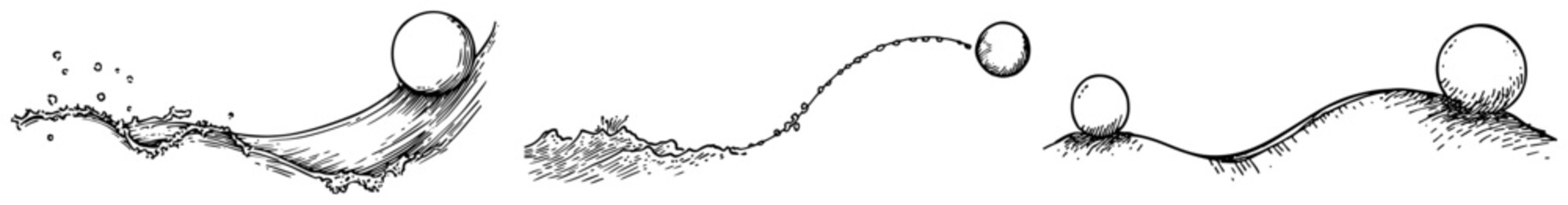 Movement sequence of a ball rolling and splashing in water hand drawn doodle style