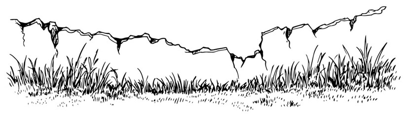 Nature landscape with wild grass and cracked stone wall hand drawn sketch © Kaz