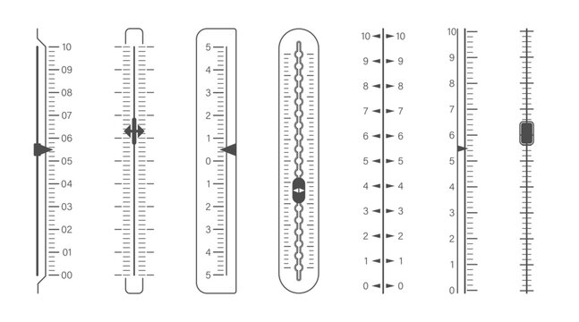 Vertical measuring rulers with graduations. A set of ruler templates for measuring. Blanks for use in creative projects.