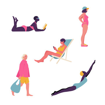 Flat vector illustration set of women enjoying summer beach vacation. Diverse female relaxing by the sea &mdash; reading, sunbathing, walking and diving into water. Concept of leisure, travel, seaside
