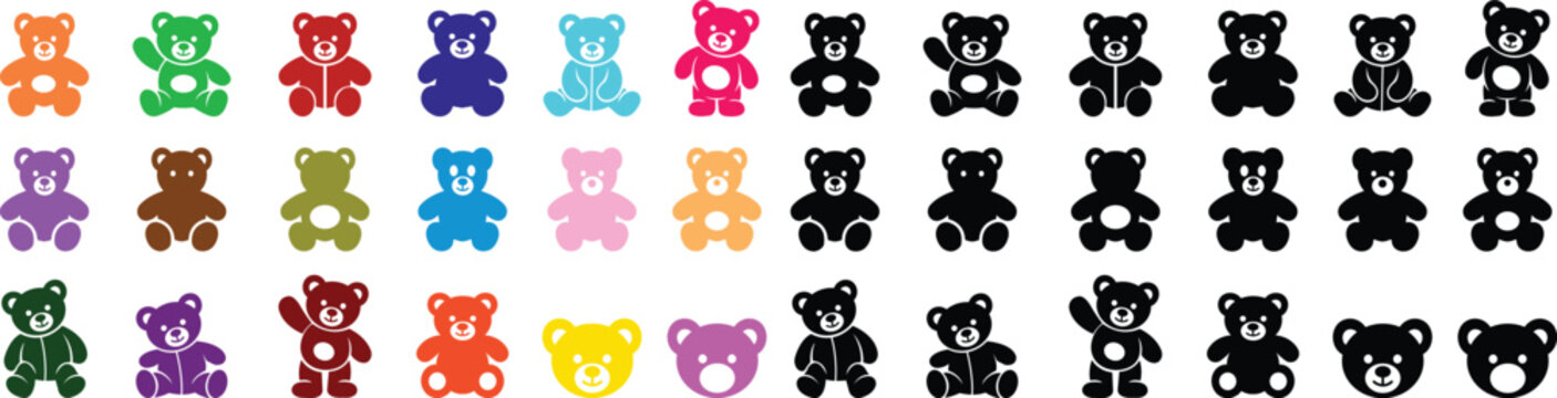 teddy bear vector set collection group with cute toy silhouette and outline icons, baby nursery plush mascot symbol isolated on transparent background, editable minimalist design
