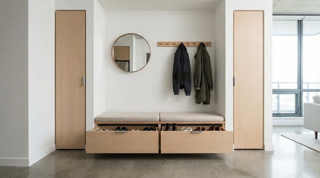 A modern entryway featuring light wood storage units a round mirror a wooden coat rack with two jackets and a bench with open shoe drawers on a concrete floor