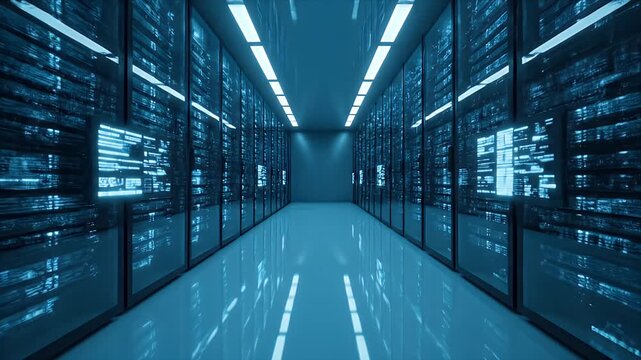 Blue Server Room with Rows of Racks Illuminated by Overhead Lights