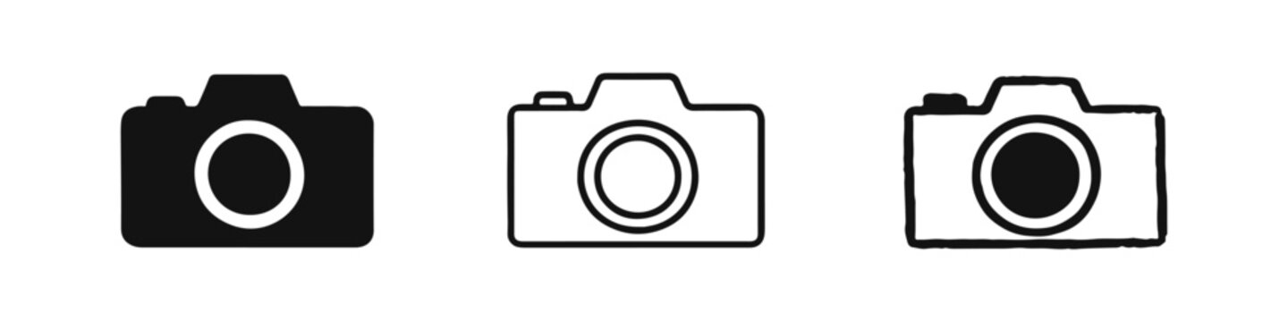 Photo Camera Icons Set - Photography Equipment Symbols in Solid, Outline, and Hand-Drawn Style