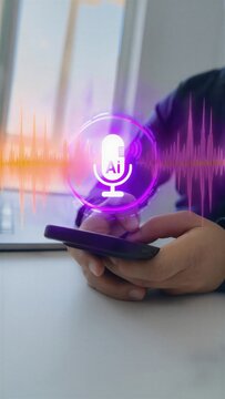 AI assistant voice chat interface.Person interacting through microphone with AI voice chat. Digital communication, speech recognition, and smart technology enabling natural conversation.