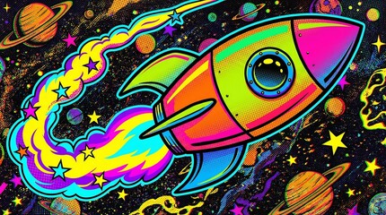 Obraz premium Close-up graphic view of a brightly colored toy rocket launching with an exaggerated trail of glowing, starry exhaust against a dark, busy universe background.