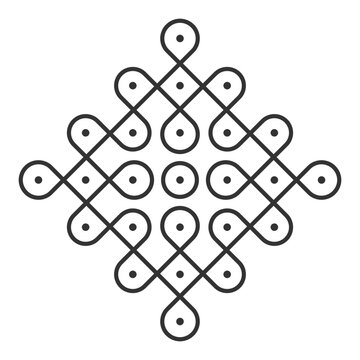 Rangoli pattern inspired by traditional Indian Kolam or Muggu floor art. Symmetrical line design with dots, commonly created during Hindu festivals such as Diwali and Holi culture celebration. Vector.