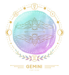 Naklejka premium Modern magic witchcraft card with astrology Gemini zodiac sign characteristic on watercolor background. Vector illustration