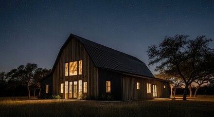 Modern barn house glowing warmly at twilight, a serene architectural masterpiece at dusk. This adobepremiumvideo-ready scene captures luxurious rural living