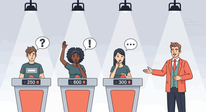 Quiz Show Contestants and Host on Stage Competition