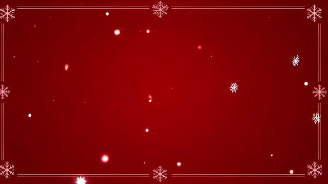 Animation red Christmas background with softly falling snowflakes around frame.