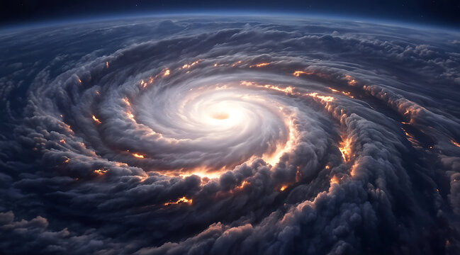 Satellite view of a large, swirling hurricane with orange clouds and a bright white eye against a dark blue planet Earth background.