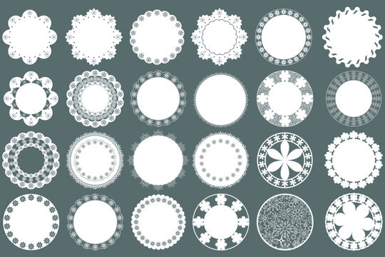 White round lace paper doilies. Paper napkin. Vintage doilies for cakes, bakery and decor. Decorative elements. Vector