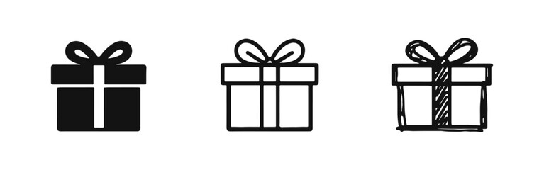 Fototapeta premium Gift box icon set featuring solid, outline, and hand-drawn styles for celebrations and holidays.