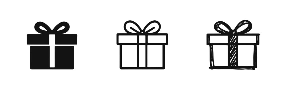Gift box icon set featuring solid, outline, and hand-drawn styles for celebrations and holidays.