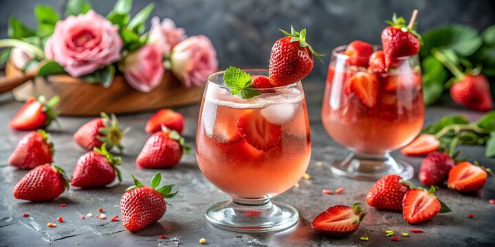 Refreshing Pink Frose Cocktail with Strawberries and Rose Wine on a Table 