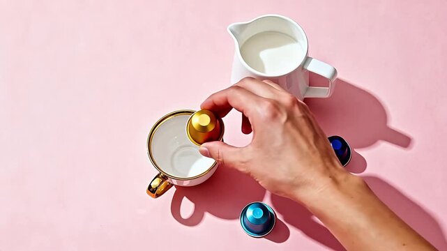 Coffee pods milk pitcher and cup