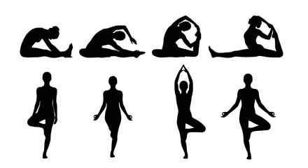 Yoga Poses Silhouettes Vector Art for Fitness and Wellness. Black and White Women Practicing Meditation and Exercise in Various Yoga Positions.