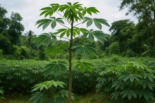 Lush cassava plant in field.