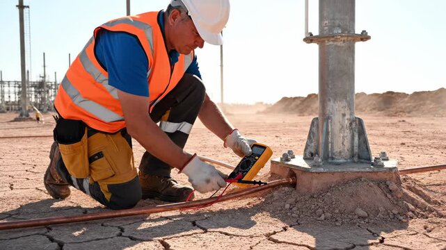 Worker tests grounding connection at industrial site with multimeter