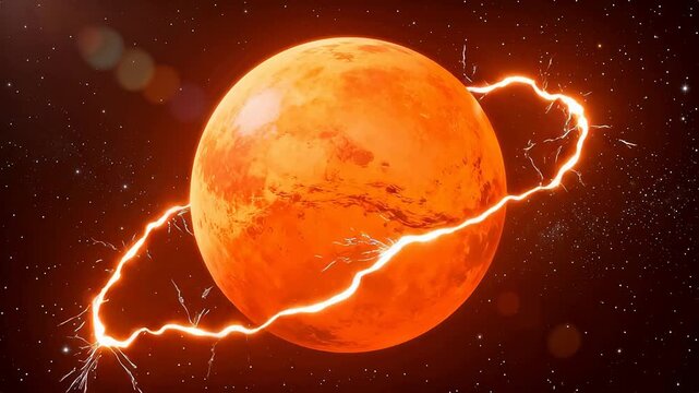 Orange planet with electric rings in space