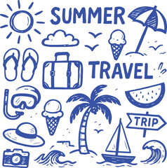 doodle set of the Summer travel vacation elements transparent