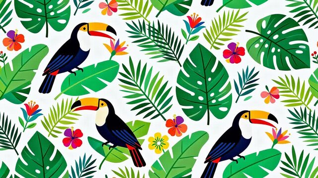 Toucans and tropical leaves pattern