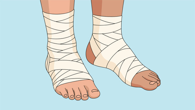 Medical illustration depicts a pair of human feet and ankles wrapped in white elastic bandages for injury support.