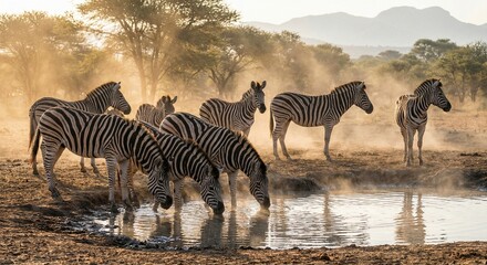 Obraz premium Zebras Drinking at Watering Hole in African Savanna - Wildlife Scene with Dust and Acacia Trees