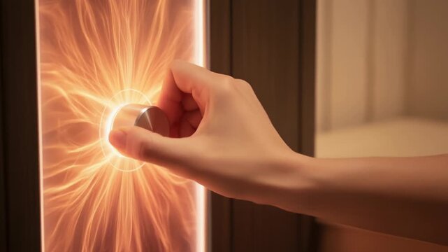 Hand on glowing energy control knob modern technology panel warm orange light longevity innovation comfort focus smart home energy flow control