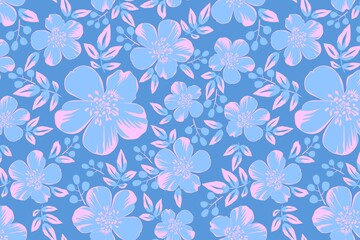 Vibrant floral pattern with pink and blue flowers on blue background