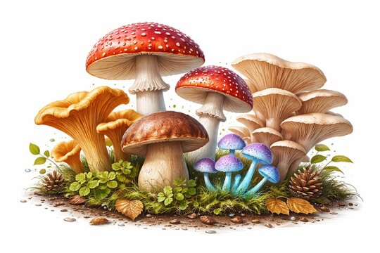 Fungi mushrooms isolated on white background illustration