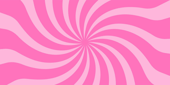 Retro candy cane spiral background with strawberry cream swirls. Pink whirlpool bg. Whimsical Y2K vortex pattern featuring pastel pink and white radial beams in psychedelic cartoon style.