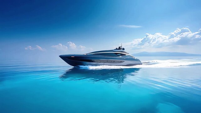 A sleek yacht glides across calm blue waters under a clear sky, evoking a sense of freedom and adventure ideal for travel marketing.
