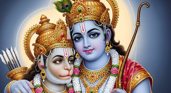 Ram Hanuman devotion portrait with Hindu god holding bow beside loyal follower for religion worship illustration India mythology culture poster design