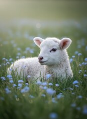 Obraz premium Fluffy white lamb resting in a field of green grass and small blue flowers with soft natural light