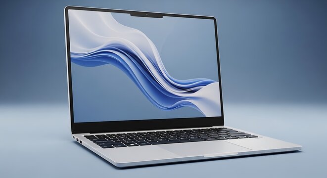 Sleek modern laptop displaying vibrant blue wave design on its lid