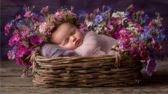 Blossoming arrival: a celebration of new life's purest beauty. Sharp image. Delicately wrapped and adorned: a newborn's floral first session. Visual balance. Large format.