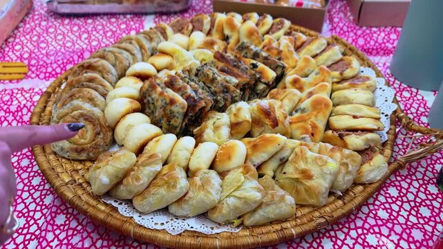 Wide view of a large woven tray filled with assorted traditional savory pastries including stuffed rolls, baked pies, and flaky parcels arranged on a festive patterned tablecloth.