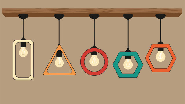 Modern interior lighting fixture with five hanging lamps featuring colorful geometric frames in a minimalist design.