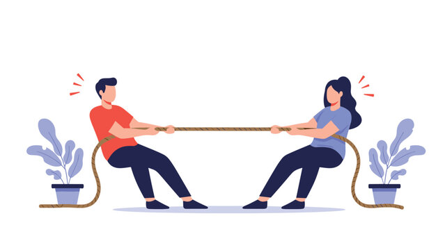 Two professional business characters having a competitive tug of war challenge in a minimalist office setting.