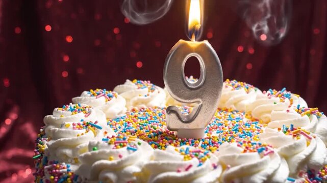 A birthday cake with white frosting and colorful sprinkles topped with a lit candle in the shape of number nine on a red background