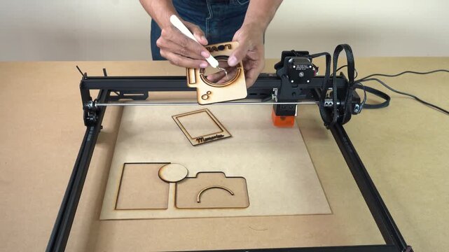 Demonstration of laser cutting results as a man holds finished pieces and shows details of the cut