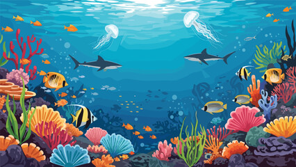 Fototapeta premium Beautiful underwater coral reef ecosystem teeming with diverse tropical fish, sharks, jellyfish, and colorful sea plants.