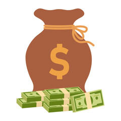 Bag of money with dollar symbol and bundles of cash on isolated white background