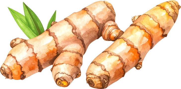 This vibrant watercolor illustration features fresh turmeric roots with bright orange slices and a green leaf. Hand-painted with realistic textures and warm tones, this botanical art is perfect