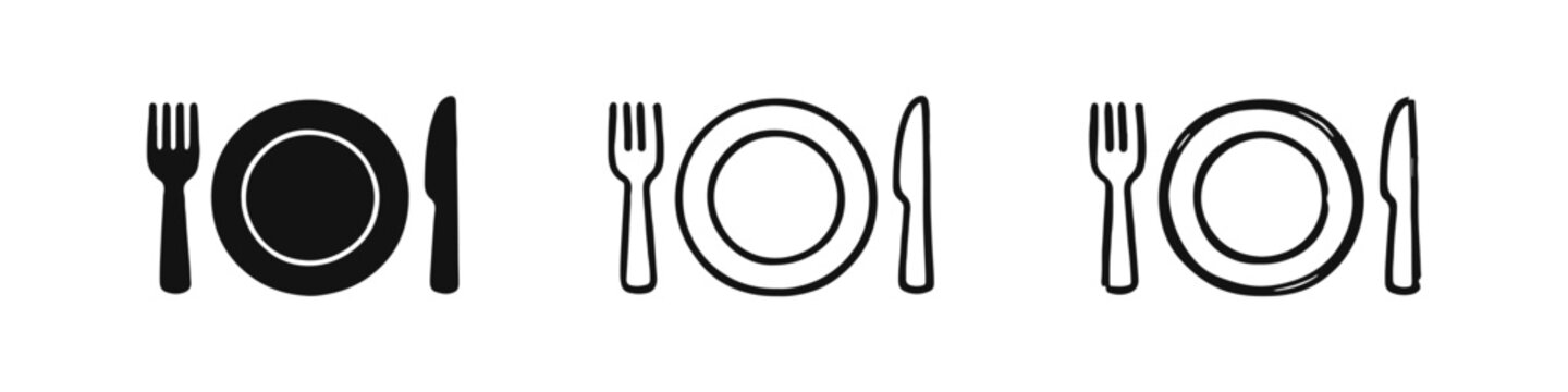 Dining and restaurant icons with fork, plate, and knife in solid, outline, and hand-drawn styles for food service.